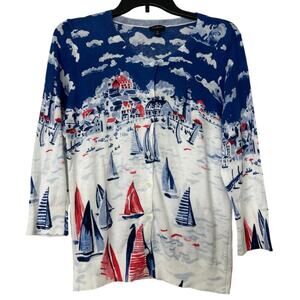 Talbots Nautical Sailboat Regatta Cotton Cardigan Sweater Novelty Resort M